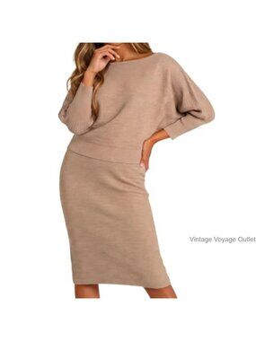 Ribbed Knit Off Shoulder Midi Dress Sweater Skirt Set Business Casual
